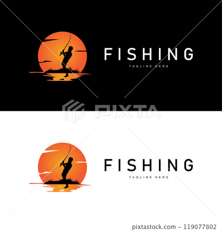 fishing logo black silhouette angler design and outdoor sunset fishing logo black silhouette angler design and outdoor sunset 119077802