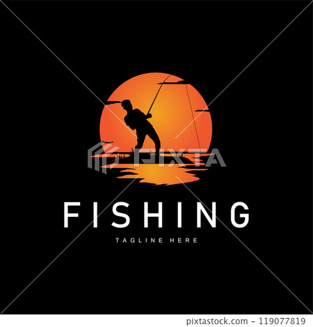 fishing logo black silhouette angler design and outdoor sunset 119077819