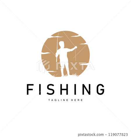 fishing logo black silhouette angler design and outdoor sunset fishing logo black silhouette angler design and outdoor sunset 119077823