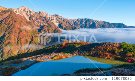 Climbing Mt. Karamatsu in autumn (Happoike Pond and the Hakuba Sanzan mountains at dawn) Climbing Mt. Karamatsu in autumn (Happoike Pond and the Hakuba Sanzan mountains at dawn) 119078083