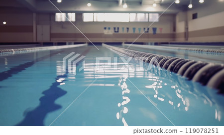 serene indoor swimming pool with clear blue water and lane dividers, creating calm and inviting atmosphere for swimmers. lighting enhances tranquil setting, perfect for relaxation or training 119078251
