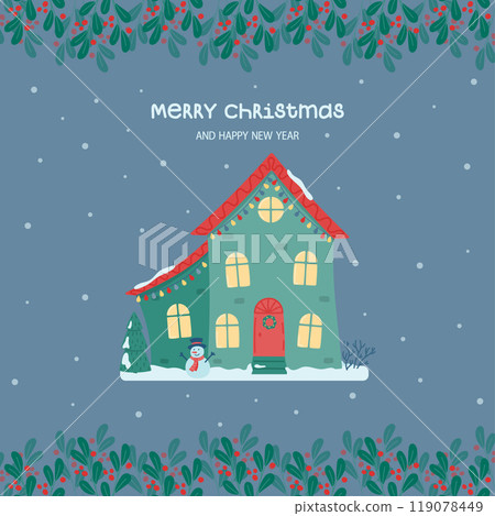 Merry Christmas and Happy New Year greeting card. Cute Christmas and winter house. Decorated house on the background of the falling snow, fir trees and a snowman. Vector illustration in flat style. 119078449