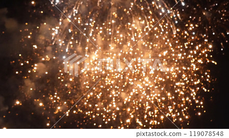 Golden Firework celebrate anniversary happy new year 2023, 4th of july holiday festival. Gold firework in the night time celebrate national holiday. Countdown to new year 2023 gold party time event 119078548