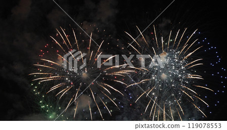Green firework in night time celebrate national holiday. Green Firework celebrate anniversary happy new year 2024, 4th of july holiday festival. Countdown to new year 2024 festival party background 119078553