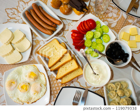 Composition with breakfast on table. Georgian breakfast 119079338