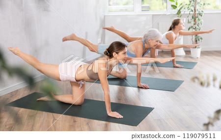 Young woman doing pilates in group in studio 119079511