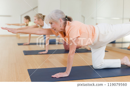 Senior woman practicing yoga in studio Senior woman practicing yoga in studio 119079560