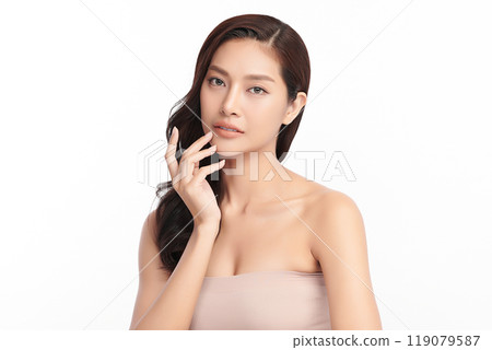 Beautiful young asian woman with clean fresh skin on white background, Face care, Facial treatment, Cosmetology, beauty and spa, Asian women portrait. Beautiful young asian woman with clean fresh skin on white background, Face care, Facial treatment, Cosmetology, beauty and spa, Asian women portrait. 119079587