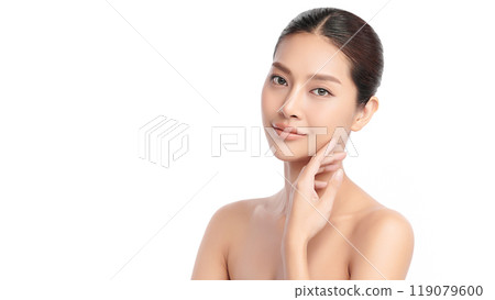 Beautiful young asian woman with clean fresh skin on white background, Face care, Facial treatment, Cosmetology, beauty and spa, Asian women portrait. 119079600