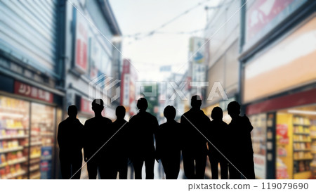 8 male silhouettes_Blurred image background of Asian shopping street_Wide 119079690