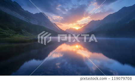 Quiet mountain lake at sunset 119079708