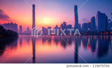 City skyscrapers and river landscape at dusk City skyscrapers and river landscape at dusk 119079709
