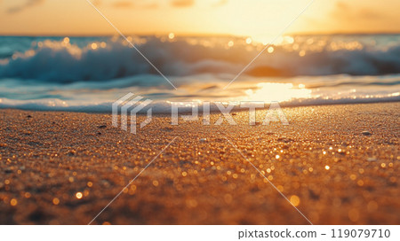 Beautiful beach and waves bathed in the setting sun Beautiful beach and waves bathed in the setting sun 119079710