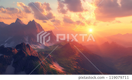 Majestic mountain scenery illuminated by the setting sun 119079711