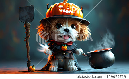 小狗穿著萬聖節服裝並試圖加入派對 119079719