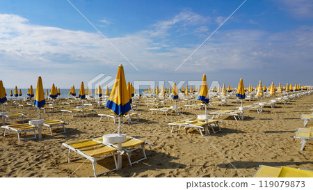 Umbrellas on the beach of Lido di Jesolo near Venice, Veneto region, Italy. 119079873