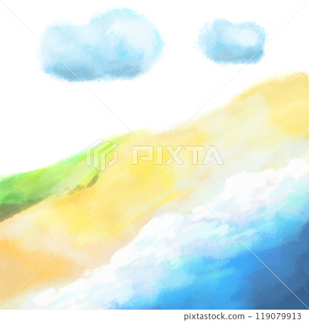 Beach background with clouds illustration, sea and sand nature watercolor painting Beach background with clouds illustration, sea and sand nature watercolor painting 119079913