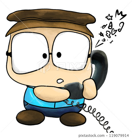 Little boy phone calling cartoon illustration, boy character with hat Little boy phone calling cartoon illustration, boy character with hat 119079914
