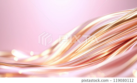 Elegant flowing strands of metallic hues create mesmerizing visual effect against soft pink background, evoking sense of fluidity and grace 119080112