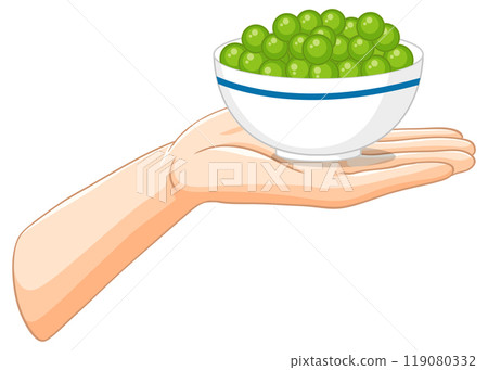 Hand Holding Bowl of Green Peas 119080332