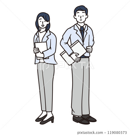 Simple full-body illustration of a female and male office worker with a laptop 119080373