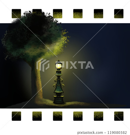 Street light and tree, film negative design, night view in nature 119080382