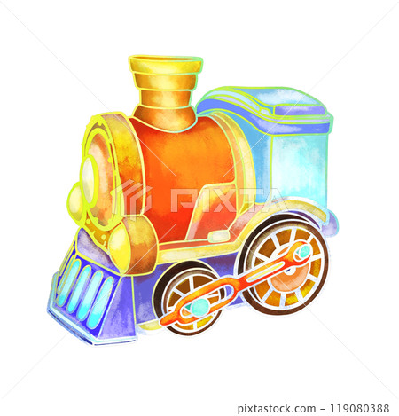 Toy train colored outline with textured colors isolated doodle drawing, cute toy train 119080388