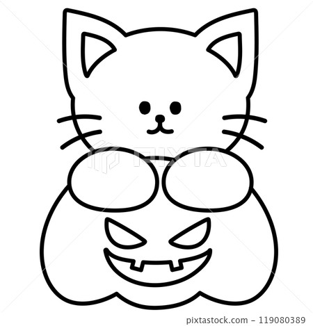 Outline illustration of cat and spooky pumpkin for kid colouring book, art, painting, tattoo, Halloween, event and activity, animal, pet shop, decoration, costume, vet, trick or treat, print, sticker 119080389