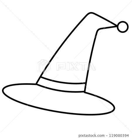 Outline illustration of witch hat for kid colouring book, art, painting, decoration, sticker, event, activity, patch, campaign badge, October element, logo, icon, print, trick or treat, costume, cloth 119080394