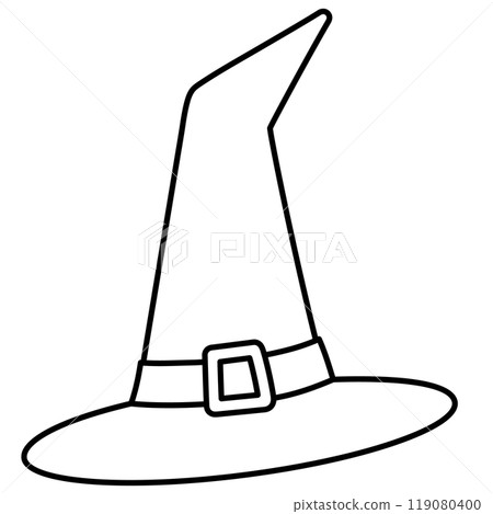 Outline illustration of witch hat for Halloween, kid colouring book, art, painting, decoration, sticker, event, activity, patch, campaign badge, October element, print, costume, fashion, accessory Outline illustration of witch hat for Halloween, kid colouring book, art, painting, decoration, sticker, event, activity, patch, campaign badge, October element, print, costume, fashion, accessory 119080400