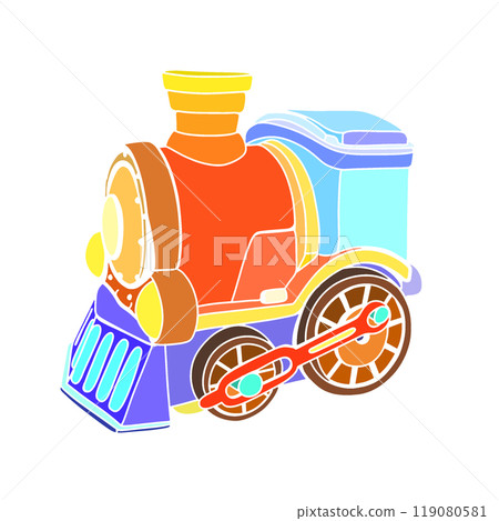 Toy train without outline with solid colors isolated doodle drawing, cute toy train Toy train without outline with solid colors isolated doodle drawing, cute toy train 119080581