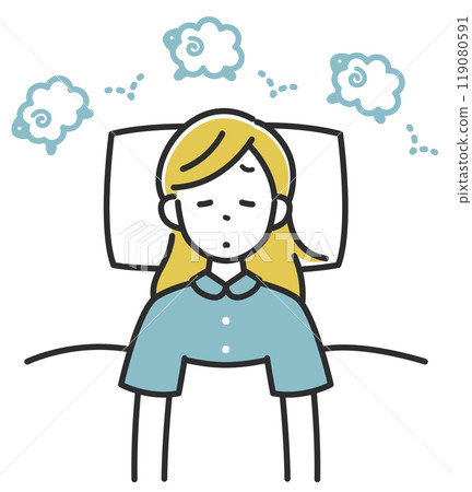 Illustration of a woman who can't sleep and is counting sheep Illustration of a woman who can't sleep and is counting sheep 119080591