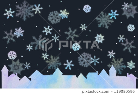 A winter night cityscape with snowflakes falling. A watercolor illustration with a gentle atmosphere like a picture book. 119080596