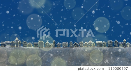 A winter cityscape lit up with illuminations. A fantasy illustration of winter filled with light. 119080597