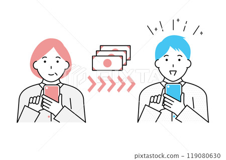 Illustration of a mother sending money using a bank app and her son receiving it 119080630