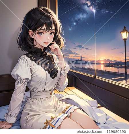 Woman looking at the view from a cafe 119080890