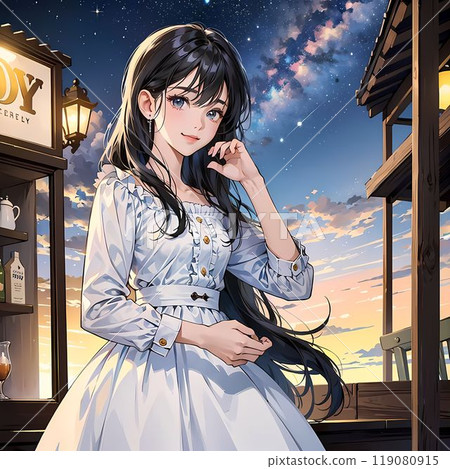 Young woman standing in a cafe at night 119080915