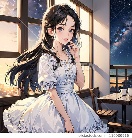 A woman standing by the window in a cafe at night 119080916