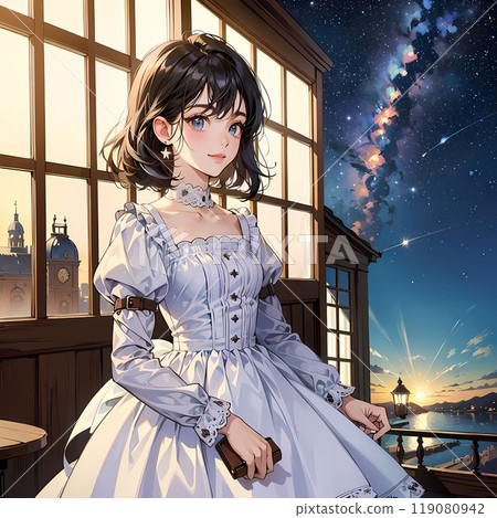 A woman standing by the window in a cafe at night 119080942