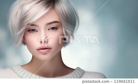 Cosmetic advertisement image: Beautiful model with short hair, winter background 119081011