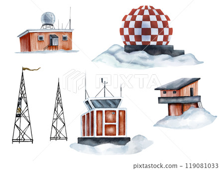 Meteorological stations and equipment for studying weather conditions and the environment. Clipart collection of buildings for studying ecology. For educational literature, textbooks and encyclopedias 119081033