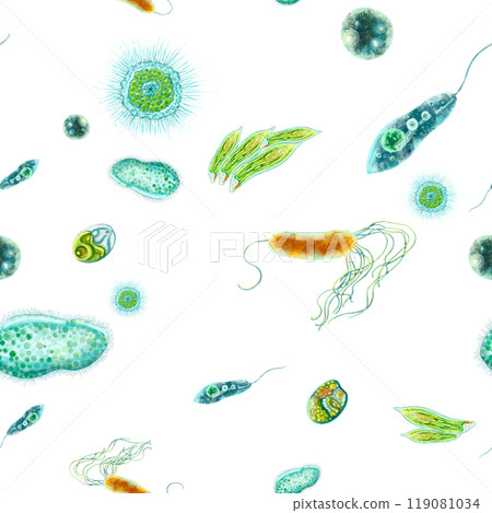 Color illustration of microbes and bacteria. Seamless pattern for printing fabric, bed linen, wallpaper, wrapping paper on a medical theme. For packaging design of antiseptics and hygiene products. 119081034