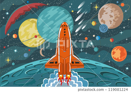 Hand drawn colorful illustration with retro future space rocket, spacecraft, planets, stars and objects, science fiction background 119081224
