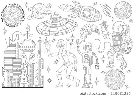 Hand drawn illustration with doodle set of retro future space planets and ships, rocket, spaceman, alien, robot and objects, line art science fiction concept 119081225