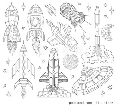 Hand drawn illustration with set of retro future space rockets and ships, line art science fiction concept, doodle collection 119081226