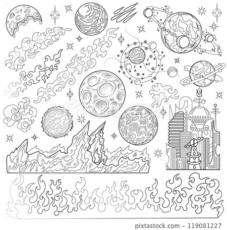 Hand drawn illustration with set of retro future space planets, surfaces and objects, line art science fiction concept, doodle collection 119081227