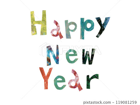 HAPPY NEW YEAR lowercase letters made from painted paper HAPPY NEW YEAR lowercase letters made from painted paper 119081259
