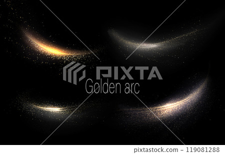 Set of isolated golden wavy arches with small tinsel on black background 119081288