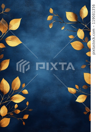藍色水彩背景上的金色樹葉和樹枝 藍色水彩背景上的金色樹葉和樹枝 119081356