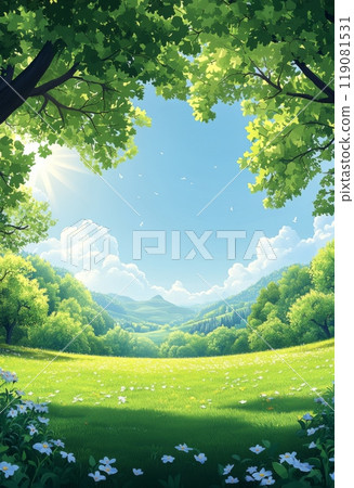 Beautiful cartoon grassland with trees and blue sky 119081531